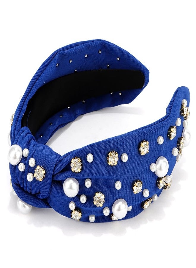 Atoden Knotted Headbands with Pearl Rhinestone Royal Blue Headband Wide Top Knot Headbands Beaded Crystal Jeweled Head Bands Embellished Sparkly Hair Bands Hair Accessories for Women Girls - Image 1